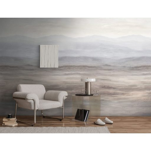 Hegycsúcsokon ködbe vesző horizont csendes békéje panoráma füstszürke taupe földes-barna törtfehér és kékesszürke tónus falpanel