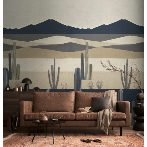 Stilizált modernizált kaktuszok hasonszőrű hegyvonulat előtt krém bézs barna indigókék és sötétszürke tónus falpanel