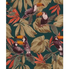   Rasch Denzo II 807509 Natur trópusi dzsungel életkép tukánokkal textilstruktúra sötét petrol barna korallvörös narancs tapéta