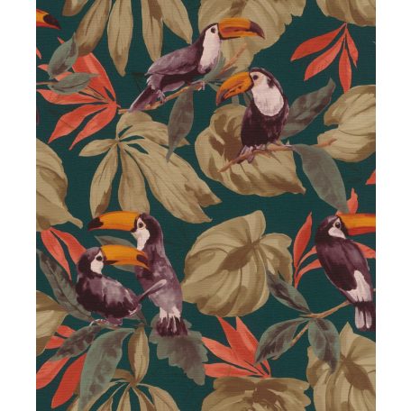 Rasch Denzo II 807509 Natur trópusi dzsungel életkép tukánokkal textilstruktúra sötét petrol barna korallvörös narancs tapéta