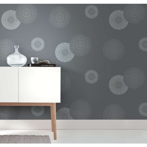 Rasch #tapetenwechsel 808803 grafikus stilizált virágkörök antracit ezüst tapéta