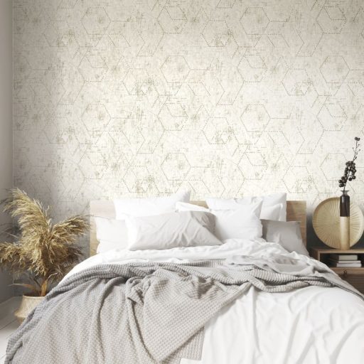 Applikált üveggyöngyökkel díszített holdi tájat krátereket imitáló körökből pontokból álló minta elefántcsont krém és bézs tónus tapéta