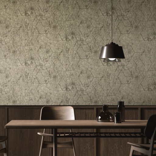 Applikált üveggyöngyökkel díszített holdi tájat krátereket imitáló körökből pontokból álló minta barna és szürkésbarna tónus tapéta