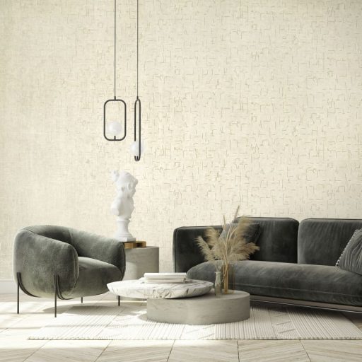 Üveggyöngyökkel díszített finom csillogású monokróm hátterű szabálytalan elemek mintája homokszín bézs és arany tónus tapéta