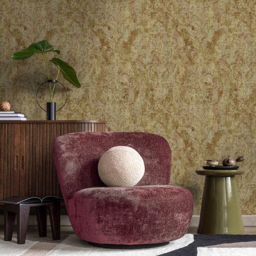 Rétegesen egymásra épülő gyöngyökkel díszített stilizált levél és virágmotívum földszínek - meleg barna és olívzöld tónus tapéta