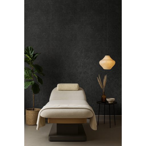 Rétegesen egymásra épülő gyöngyökkel díszített stilizált levél és virágmotívum grafitszürke antracit ezüst és fekete tónus tapéta