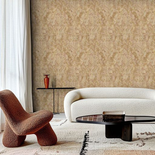 Rétegesen egymásra épülő gyöngyökkel díszített stilizált levél és virágmotívum meleg barna és arany/aranybarna tónus tapéta