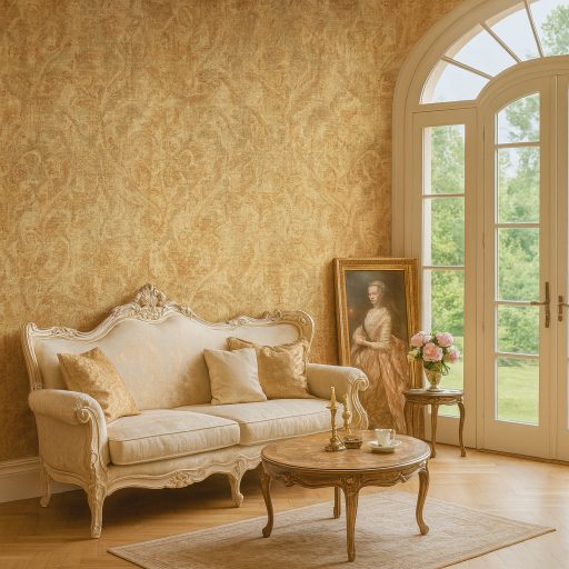 Rétegesen egymásra épülő gyöngyökkel díszített stilizált levél és virágmotívum meleg barna és arany/aranybarna tónus tapéta