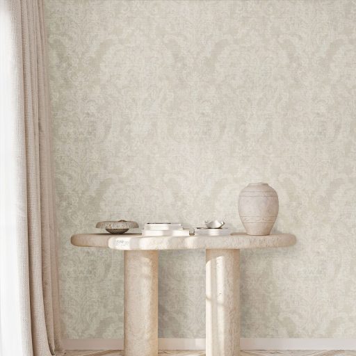 Rétegesen egymásra épülő gyöngyökkel díszített stilizált levél és virágmotívum krém világosbézs és gyöngyház tónus tapéta