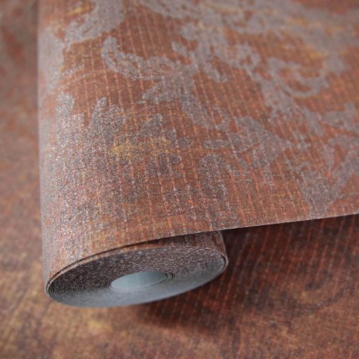 Rétegesen egymásra épülő gyöngyökkel díszített stilizált levél és virágmotívum vörös rozsdabarna narancs terrakotta és borostyán tapéta