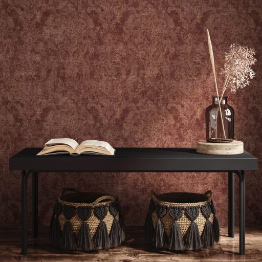 Rétegesen egymásra épülő gyöngyökkel díszített stilizált levél és virágmotívum vörös rozsdabarna narancs terrakotta és borostyán tapéta