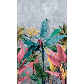  Háromdimenziós szines trópusi levelek beton háttéren szürke kék rózsaszín sárga és zöld tónusok falpanel
