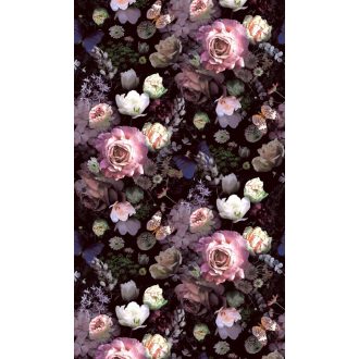   Színpompás rózsa kompozíció pillangókkal fekete lila rózsaszín sárga és zöld tónusok falpanel/digitális nyomat