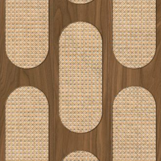   EYECATCHER! Famintás alapba intarziaszerűen elhelyezett rattan betétek barna bézs és sárga/sárgásbézs tónus tapéta