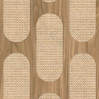   EYECATCHER! Famintás alapba intarziaszerűen elhelyezett rattan betétek barna szürke és bézs/világosbarna tónus tapéta