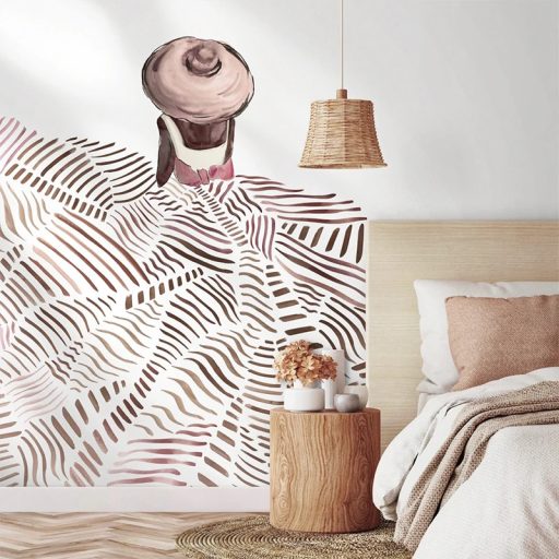 Kalapos nő a változatos csíkozás (akár zebra is) tengerében minimalista panoráma fehér barna és barnásvörös tónus falpanel