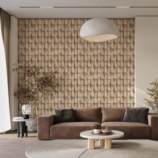 Trapéz formák ismétlődő háromdimenziós origami mintája krém bézs és barna tónus tapéta