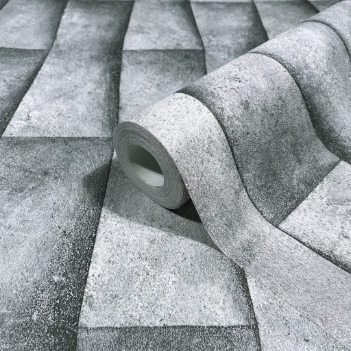 Trapéz formák ismétlődő háromdimenziós origami mintája hideg szürke árnyalatok - a világos cemettől az antracitig tapéta