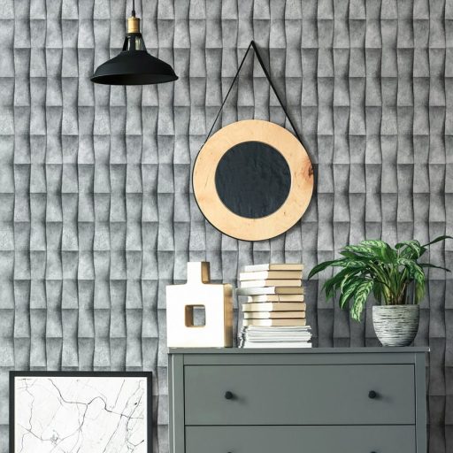 Trapéz formák ismétlődő háromdimenziós origami mintája hideg szürke árnyalatok - a világos cemettől az antracitig tapéta