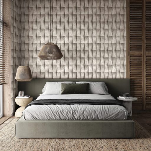 Trapéz formák ismétlődő háromdimenziós origami mintája meleg barna és szürkésbarna tónus tapéta