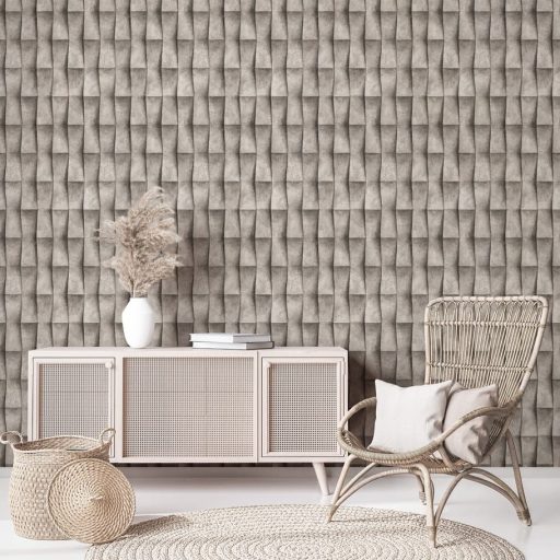 Trapéz formák ismétlődő háromdimenziós origami mintája meleg barna és szürkésbarna tónus tapéta