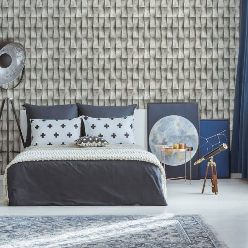 Trapéz formák ismétlődő háromdimenziós origami mintája szürke árnyalatok - friss vakolat és a világos cement között tapéta