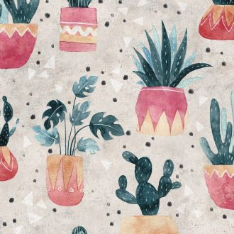   Kaktusz a könnyzőpálmával sosem vész össze! Dísznövények etno stílusú vázákban szürke naracs piros és zöld tónus tapéta