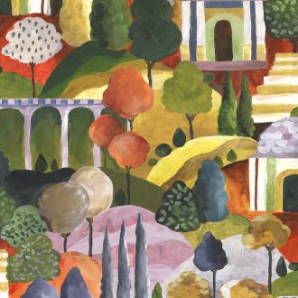   Még alig száradt meg a festék! Grandiózus mediterrán tájkép erőteljes sárga narancs piros barna és zöld tónus tapéta