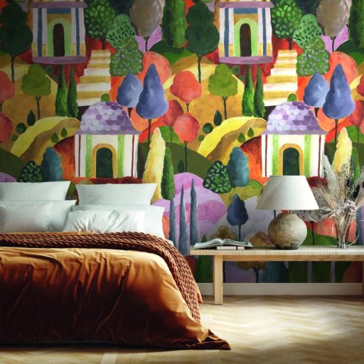 "A cselekmény több szinten zajlik" Erőteljes színes mediterrán táj panorámája sárga narancs zöld és sokszínű tónus falpanel