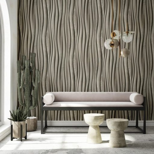 Ritmikusan ívelő háromdimenziós fa bordák organikus mintája szürkésbézs  - meleg taupe és a világos homokszürke közötti spektrum tapéta