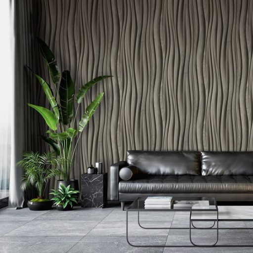 Ritmikusan ívelő háromdimenziós fa bordák organikus mintája szürkésbézs  - meleg taupe és a világos homokszürke közötti spektrum tapéta