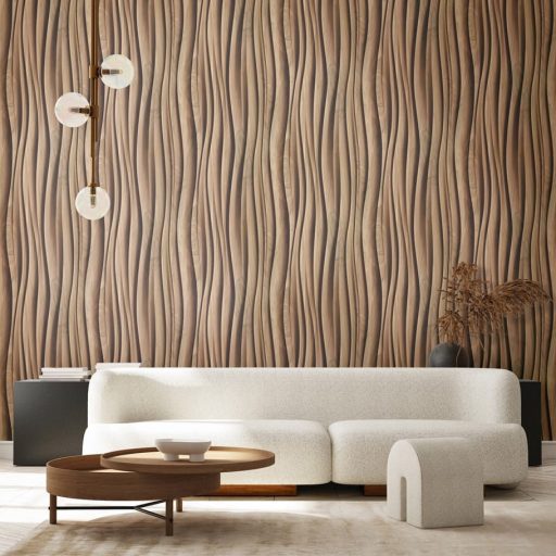 Ritmikusan ívelő háromdimenziós fa bordák organikus mintája meleg karamell és mézbarna - tejeskávétól a dióig - tónus tapéta