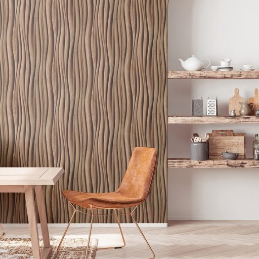 Ritmikusan ívelő háromdimenziós fa bordák organikus mintája meleg karamell és mézbarna - tejeskávétól a dióig - tónus tapéta