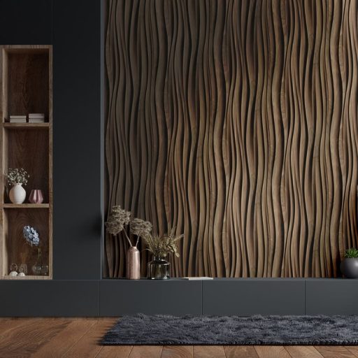 Ritmikusan ívelő háromdimenziós fa bordák organikus mintája mogyoróbarna taupe  - csokoládé és a kávébarna között tapéta