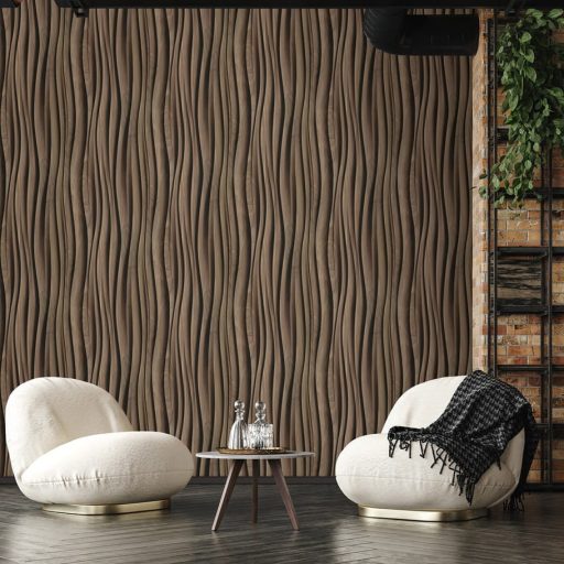 Ritmikusan ívelő háromdimenziós fa bordák organikus mintája mogyoróbarna taupe  - csokoládé és a kávébarna között tapéta