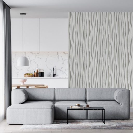 Ritmikusan ívelő háromdimenziós fa bordák organikus mintája fehér szürke ezüstszürke - friss tejszín és a gyöngyház között tapéta