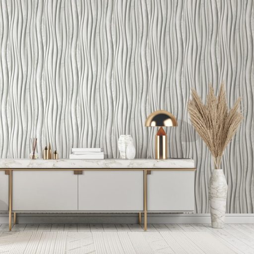 Ritmikusan ívelő háromdimenziós fa bordák organikus mintája fehér szürke ezüstszürke - friss tejszín és a gyöngyház között tapéta