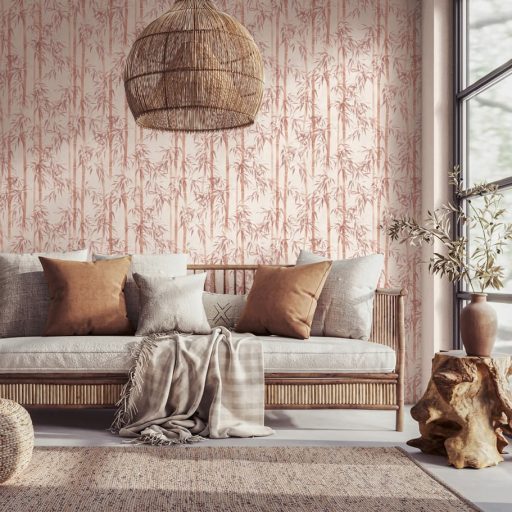 Karcsú bambuszok légiesen könnyed varázslatos mintája krém terrakotta púderrózsaszín - barackvirág és a pezsgőrózsaszín között tapéta