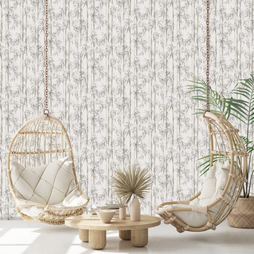 Karcsú bambuszok légiesen könnyed varázslatos mintája krémfehér szürkésbézs és taupe - reggeli köd és a lenszín között tapéta