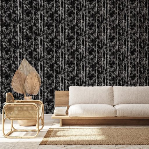 Karcsú bambuszok légiesen könnyed varázslatos mintája fekete és ezüstszürke - fénylő ezüst és az antracit között tapéta