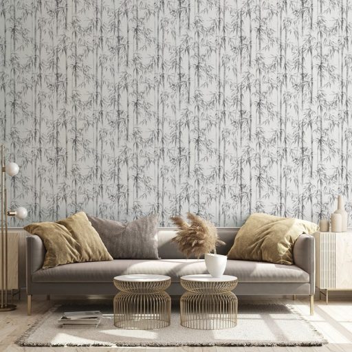 Karcsú bambuszok légiesen könnyed varázslatos mintája fehér és szürkésbézs - holdfény szürke és a gyöngyház között tapéta