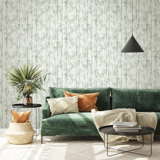 Karcsú bambuszok légiesen könnyed varázslatos mintája törtfehér és friss zöld - a menta és halvány jáde között tapéta