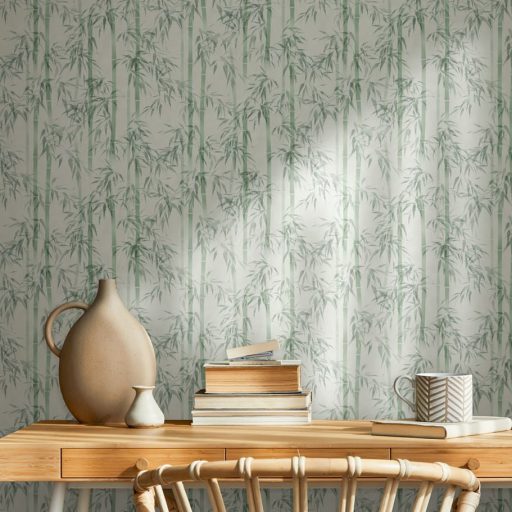 Karcsú bambuszok légiesen könnyed varázslatos mintája törtfehér és friss zöld - a menta és halvány jáde között tapéta