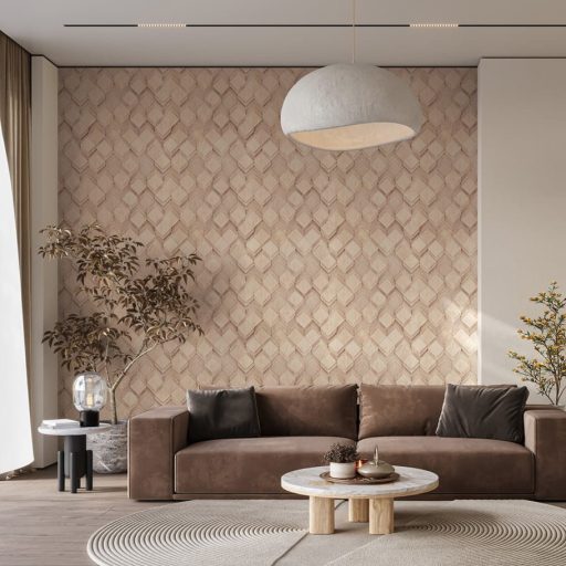 Négyzet alapú alacsony fahasábok dinamikus geometriai 3D mintája meleg bézs homokszín és karamellbarna tónus tapéta