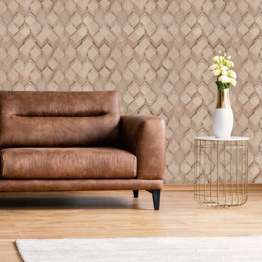 Négyzet alapú alacsony fahasábok dinamikus geometriai 3D mintája meleg bézs homokszín és karamellbarna tónus tapéta