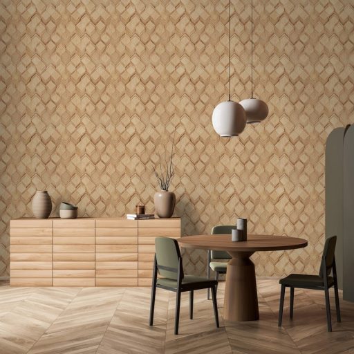 Négyzet alapú alacsony fahasábok dinamikus geometriai 3D mintája világos mézszín és barna/aranybarna tónus tapéta