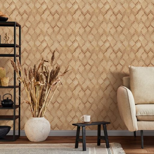 Négyzet alapú alacsony fahasábok dinamikus geometriai 3D mintája világos mézszín és barna/aranybarna tónus tapéta