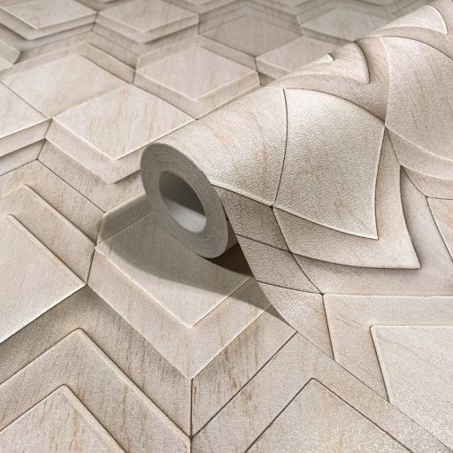Négyzet alapú alacsony fahasábok dinamikus geometriai 3D mintája bézs szürkésbézs és tejeskávé tónus tapéta
