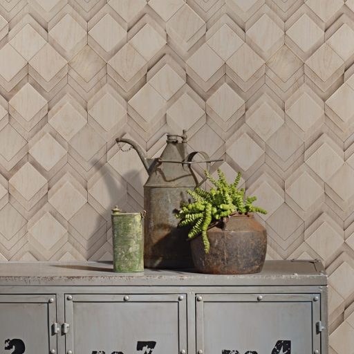 Négyzet alapú alacsony fahasábok dinamikus geometriai 3D mintája bézs szürkésbézs és tejeskávé tónus tapéta