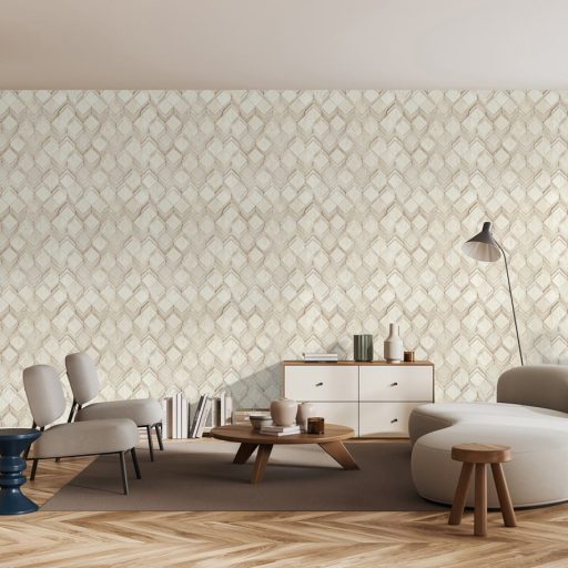 Négyzet alapú alacsony fahasábok dinamikus geometriai 3D mintája krémfehér vanília és bézs tónus tapéta